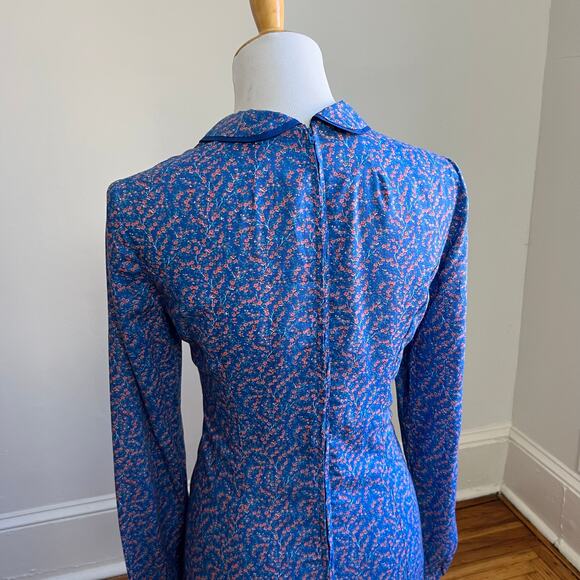 Vintage 70s Handmade Blue Floral Peter Pan Collar Prairie Cottagecore Dress 10 - Picture 8 of 10
